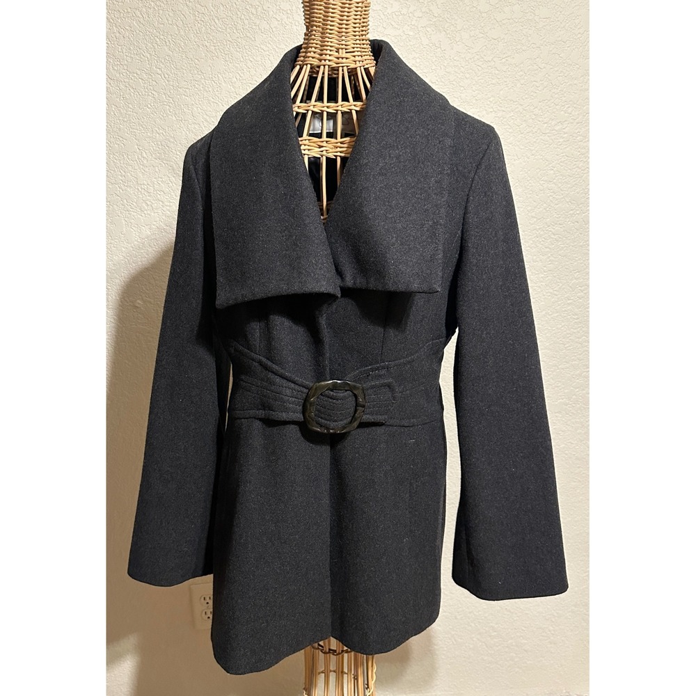Jessica Simpson Charcoal Gray Wool Blend Belted Portrait Collar Coat L fitted